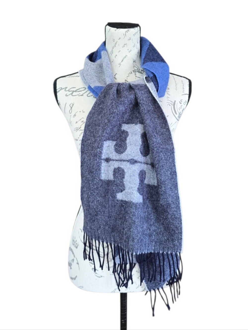 Tory Burch Carnavalet Cashmere Wool Blue Knit Scarf Wrap
